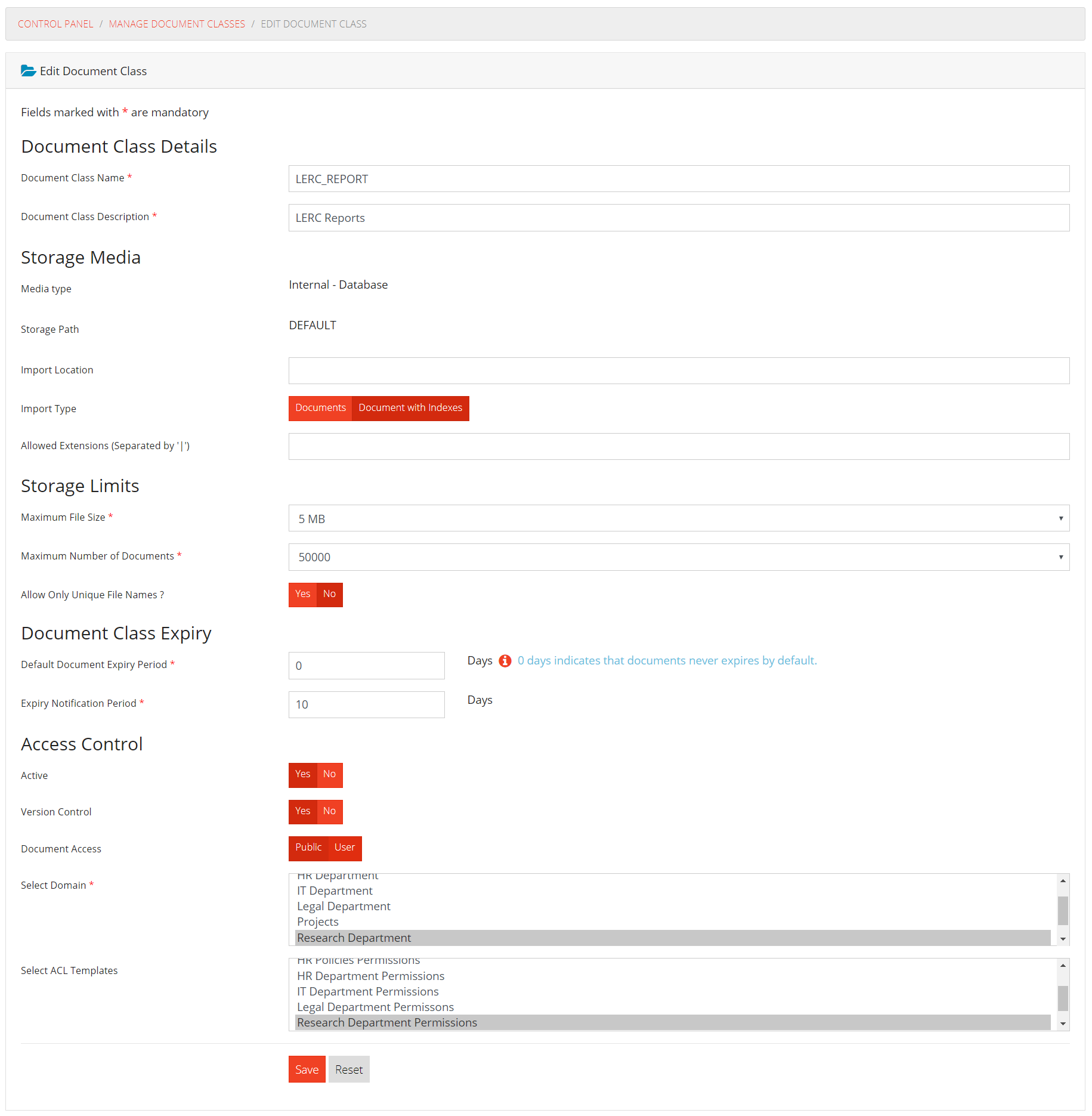 Edit Document Class Form