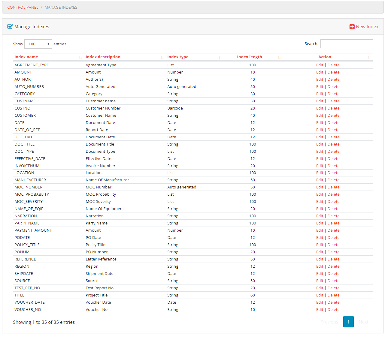 Manage Indexes