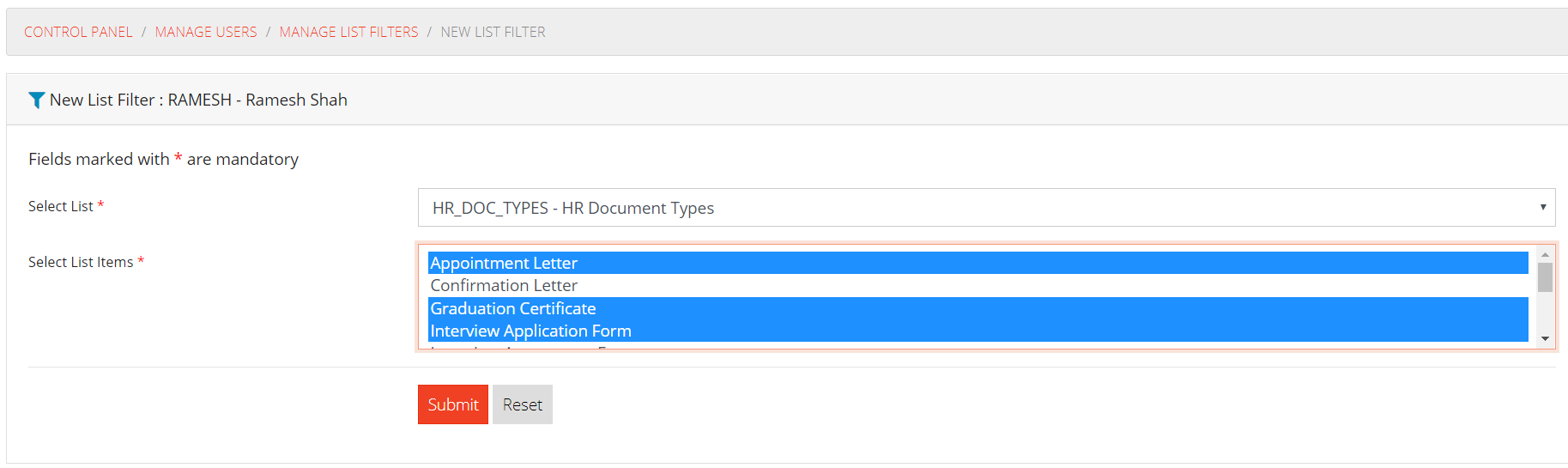 New List Filter Form