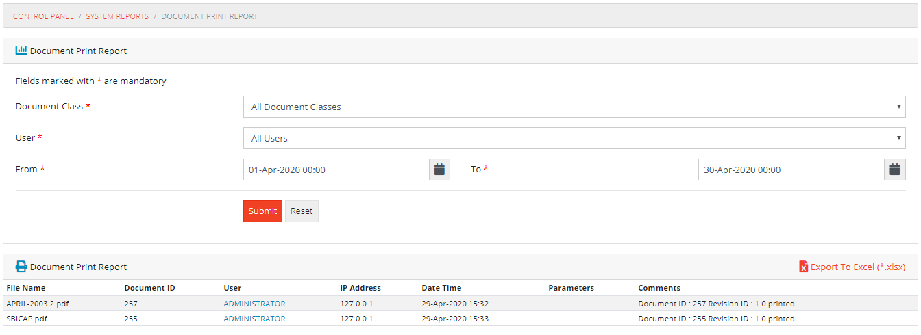 Docuement Print Report