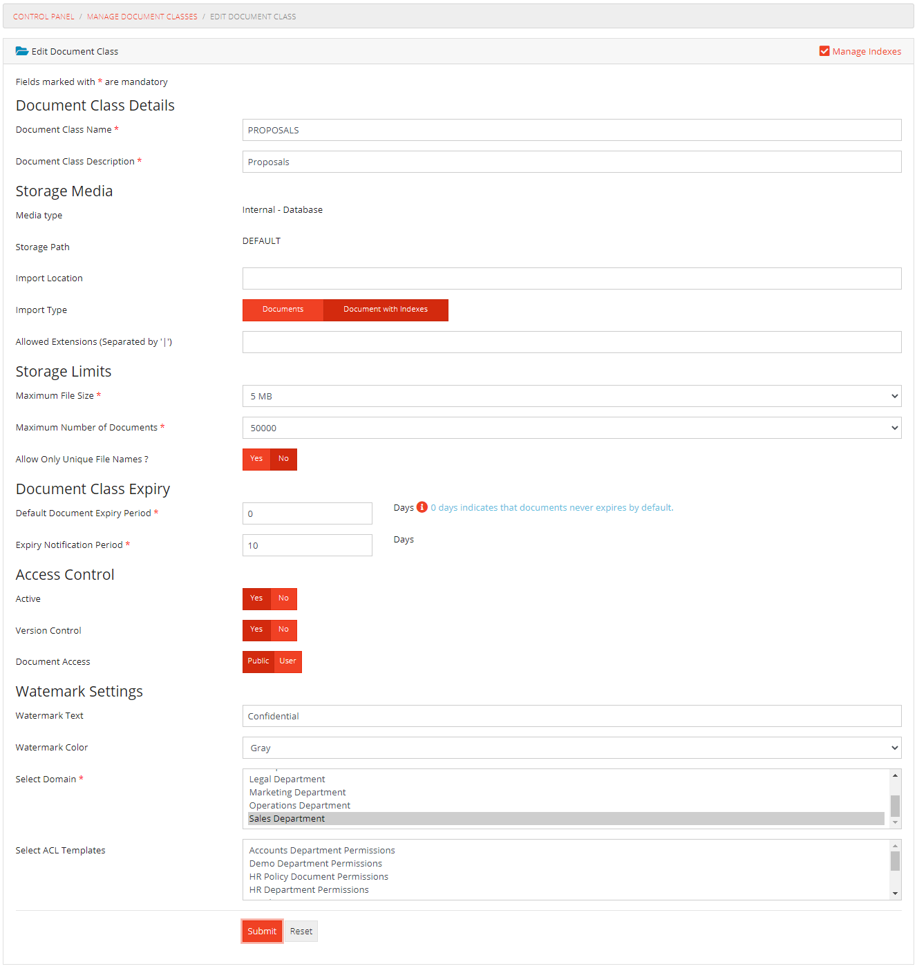 Edit Document Class Form