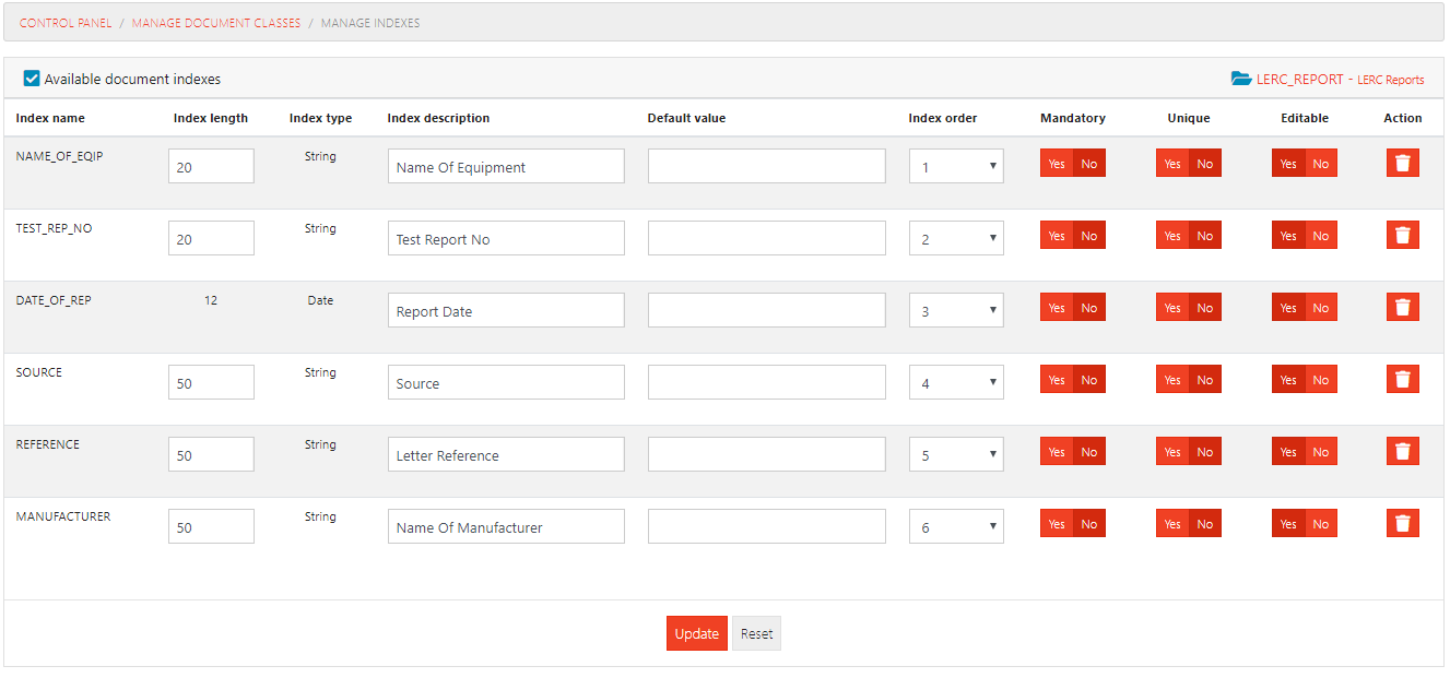 Manage Document Class Indexes