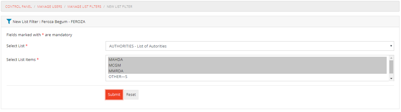 New List Filter Form