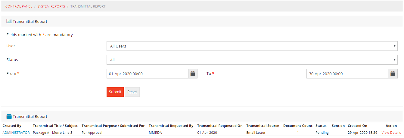 Transmittal Report