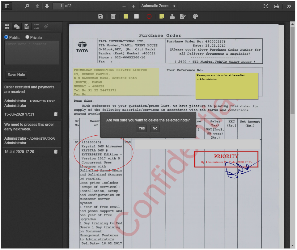 Document Viewer - Delete Notes