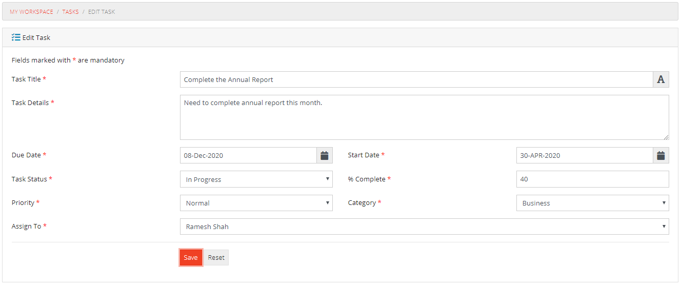 View Edit Task Form