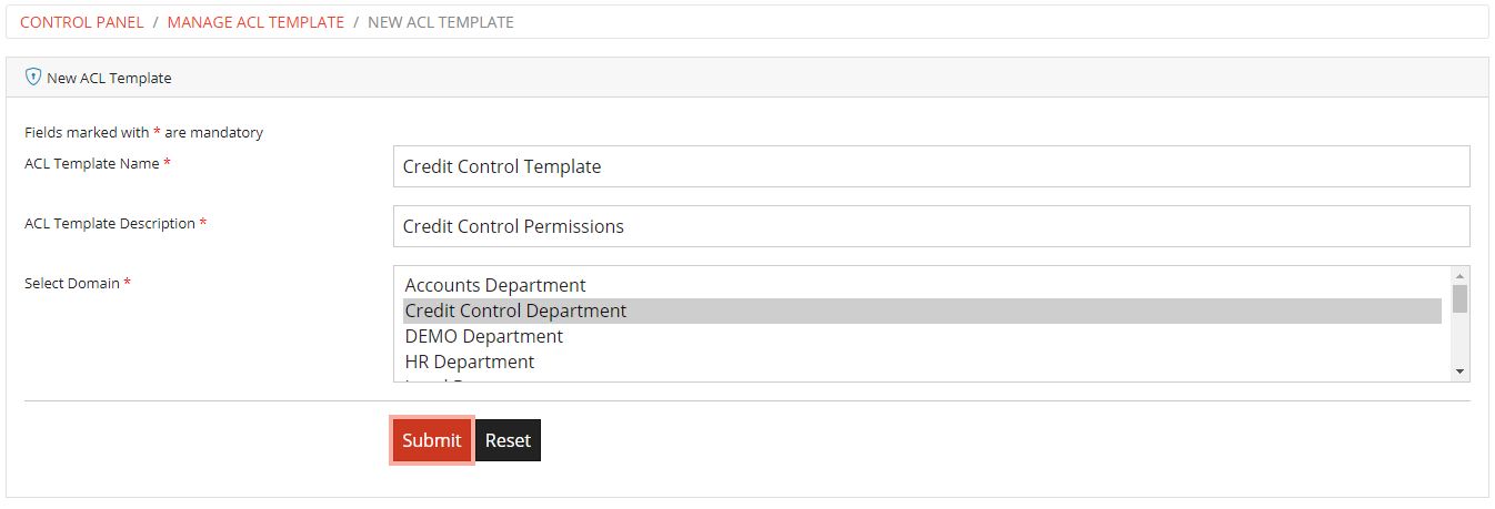 Add ACL Template Form