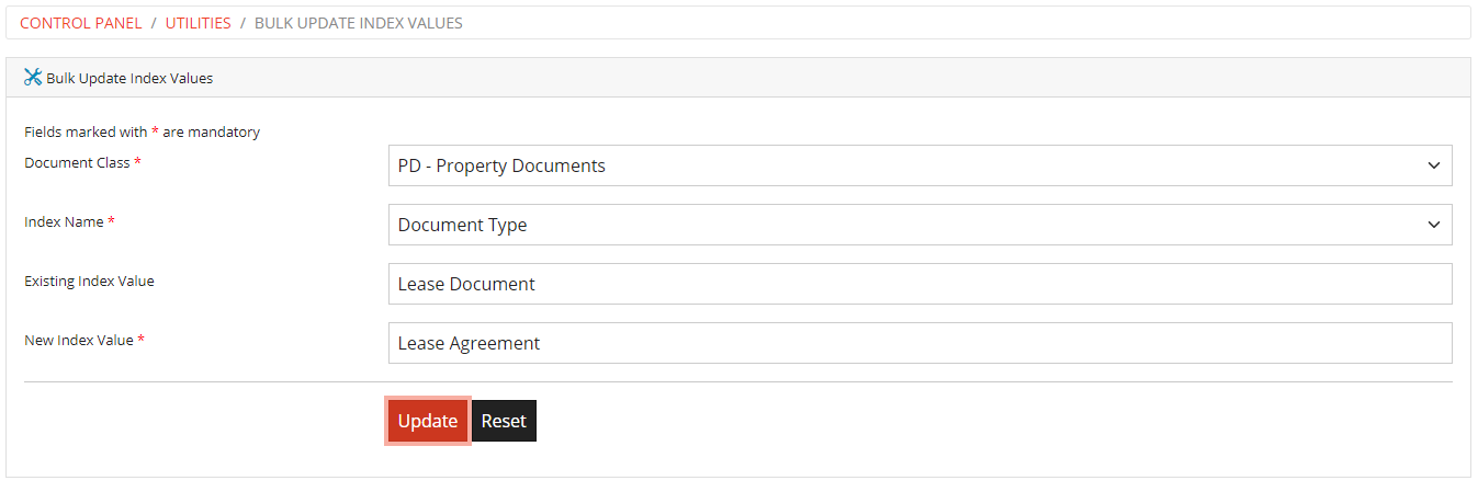 Bulk Update Indexe Values