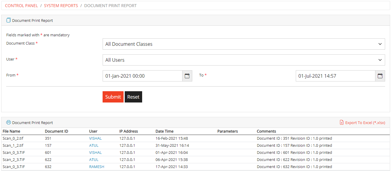 Docuement Print Report