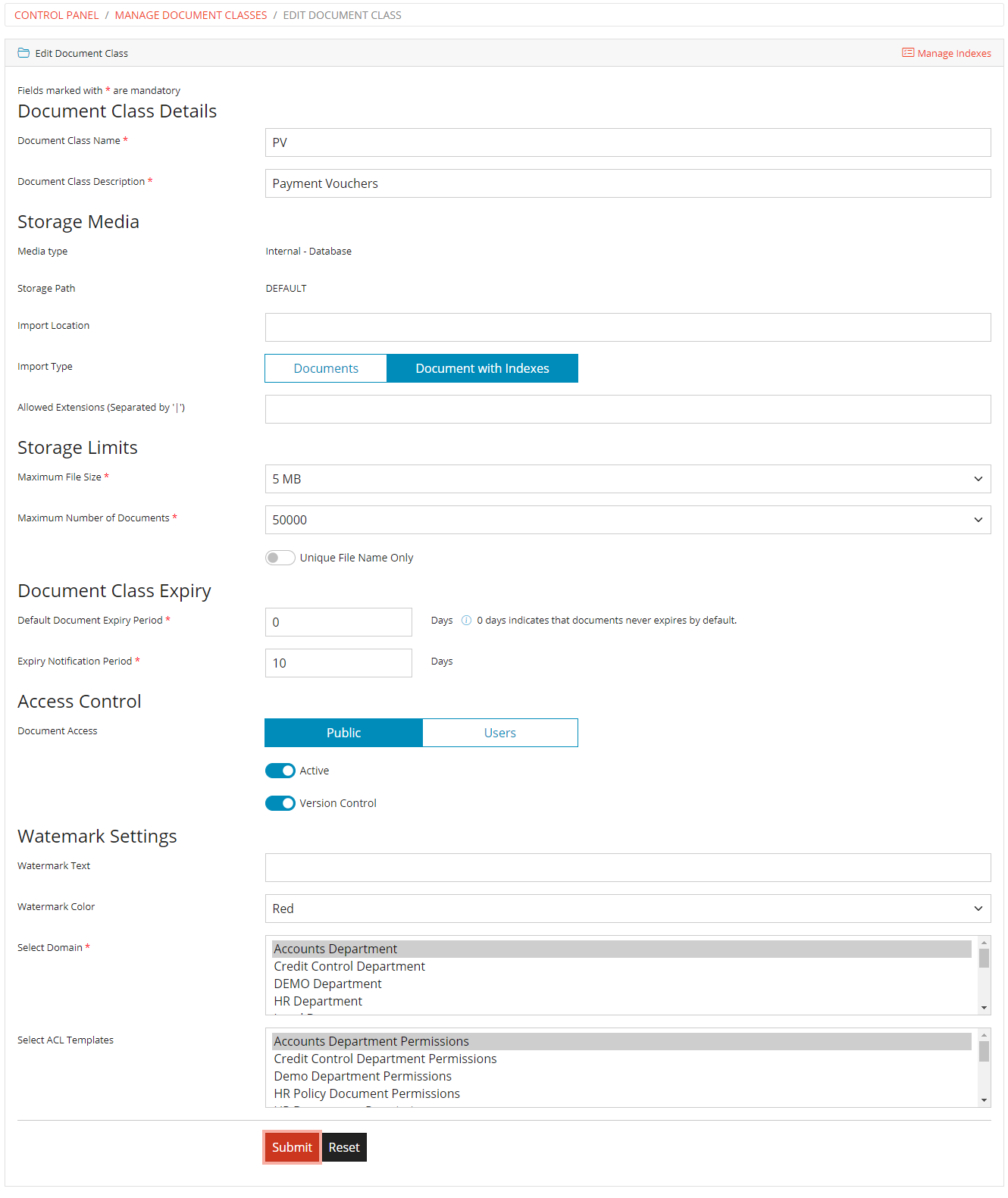 Edit Document Class Form