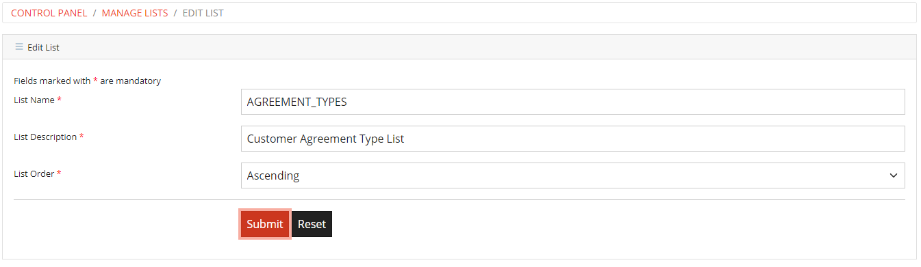 Edit List Form