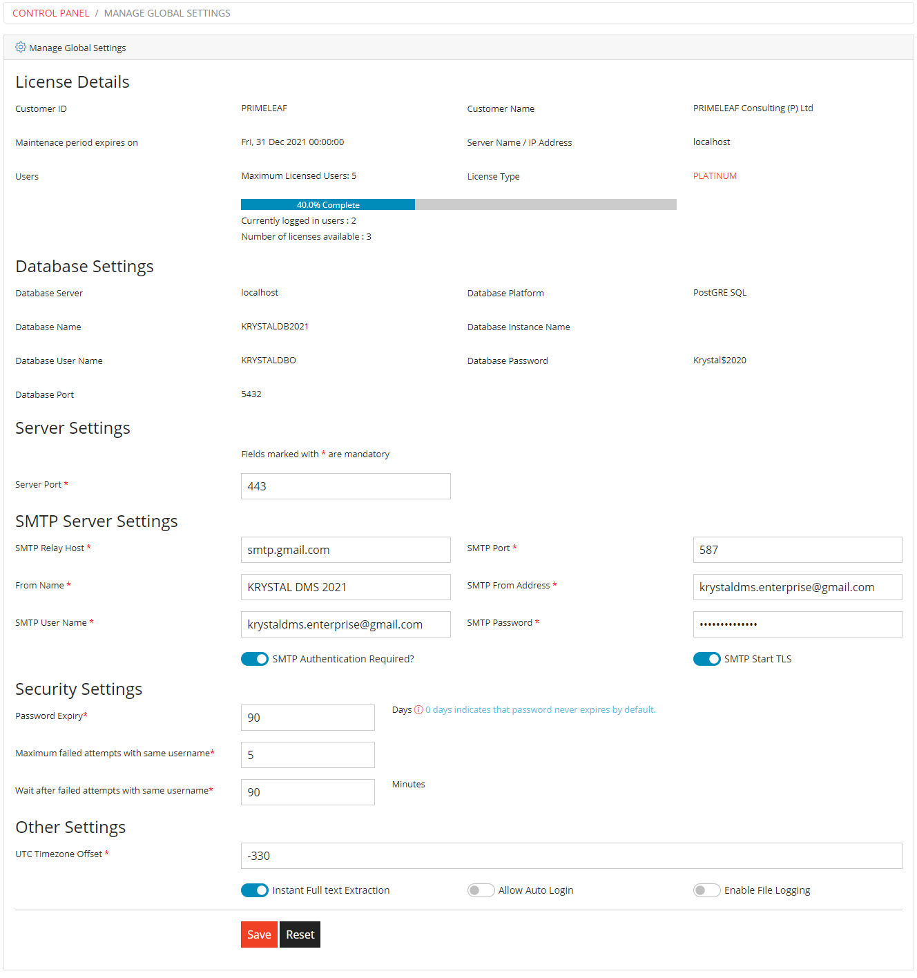 Manage Global Settings