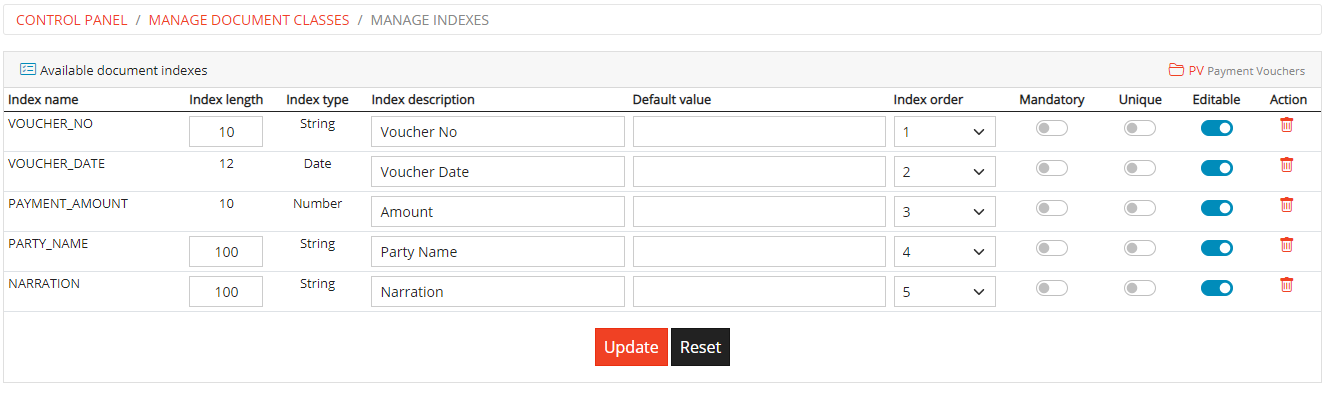 Manage Document Class Indexes