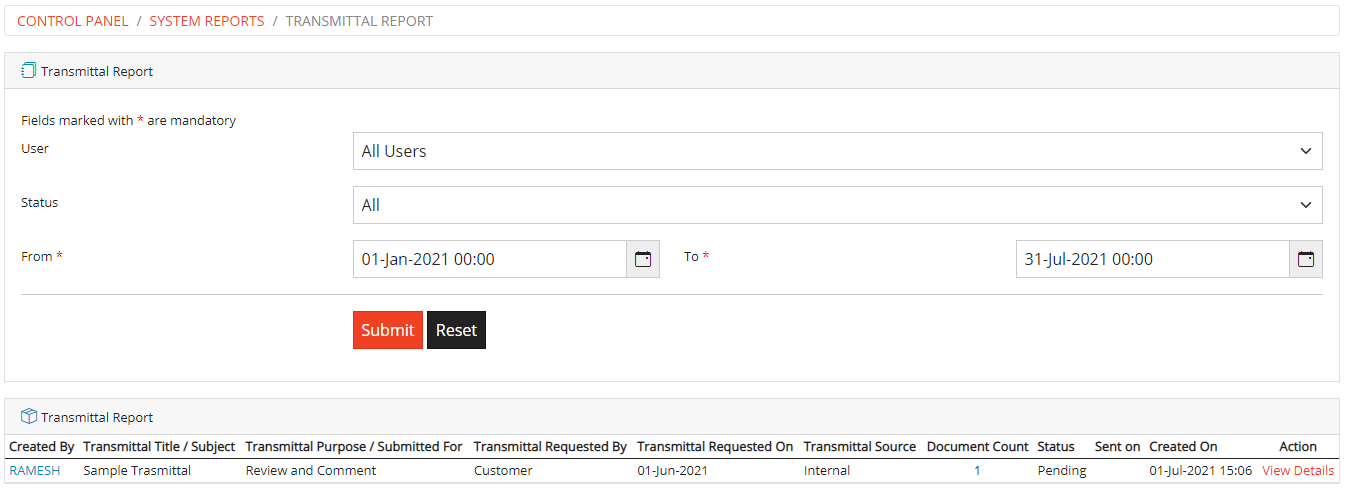 Transmittal Report