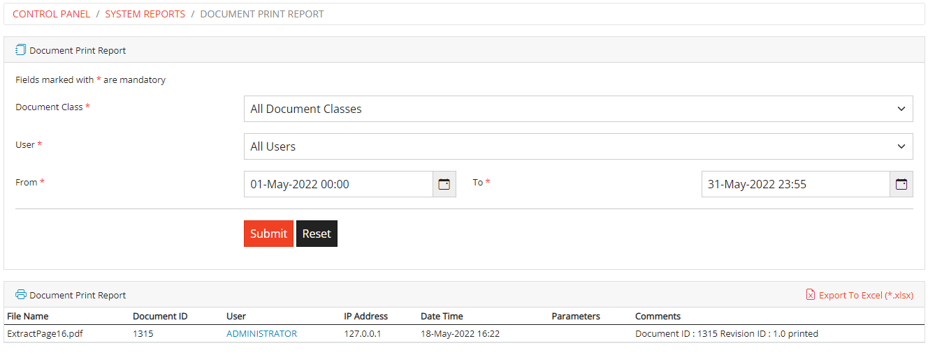 Docuement Print Report