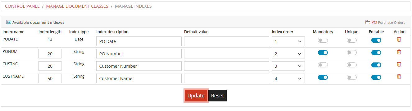 Edit Document Class Indexes