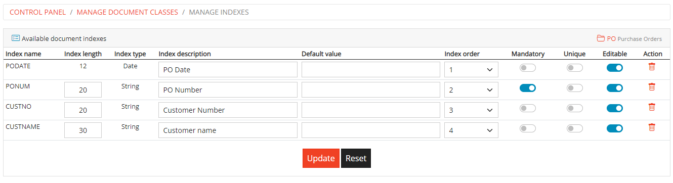 Manage Document Class Indexes