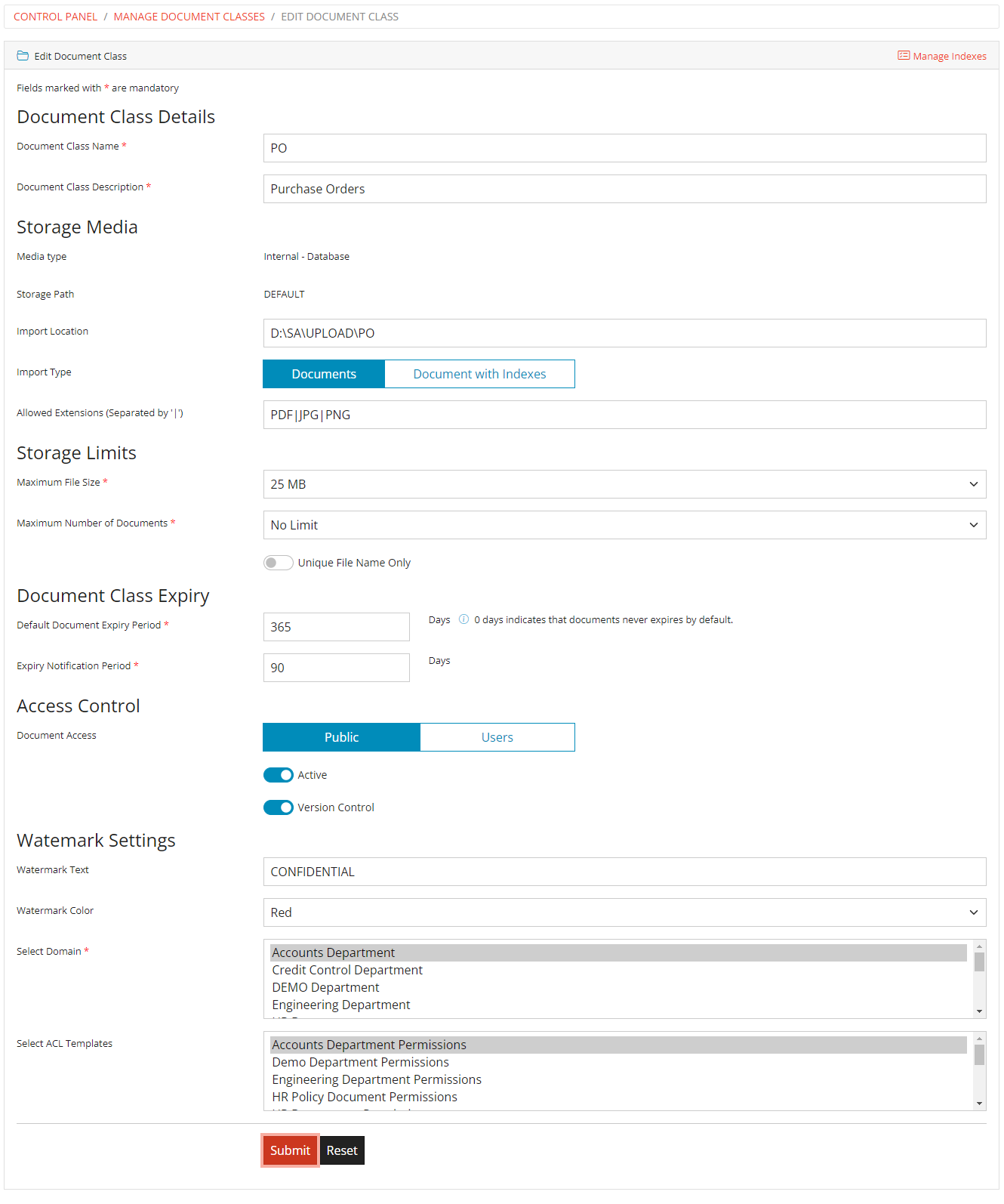 Edit Document Class Form