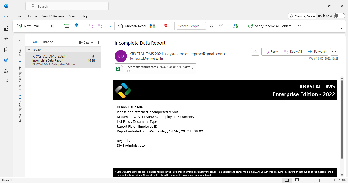 Incomplete Data Report - Email