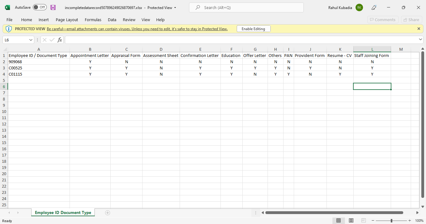 Incomplete Data Report - Excel