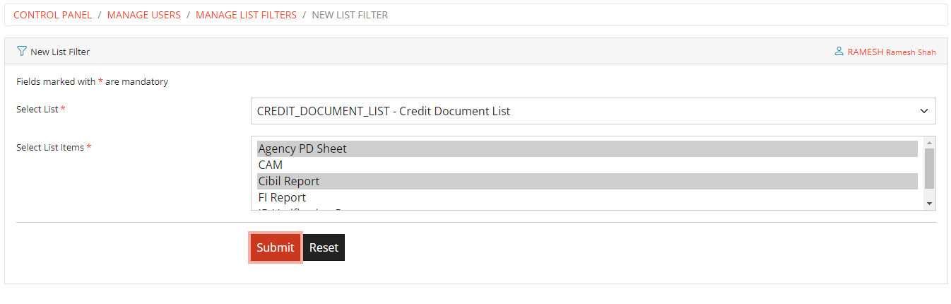New List Filter Form