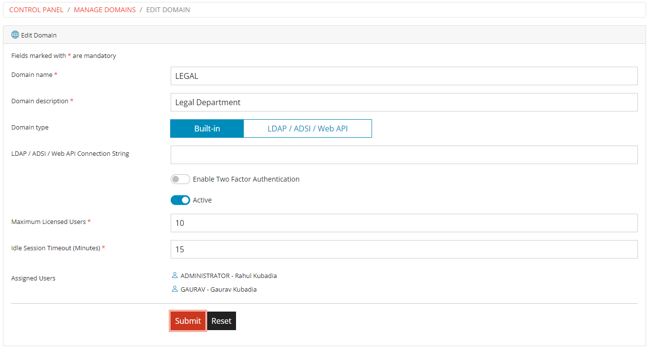 Edit Domain Form