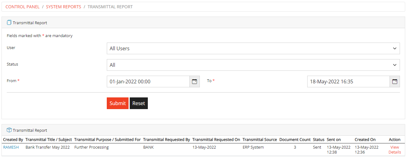 Transmittal Report