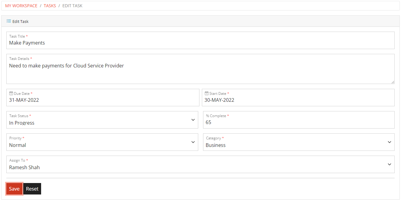 View Edit Task Form View Edit Task Form