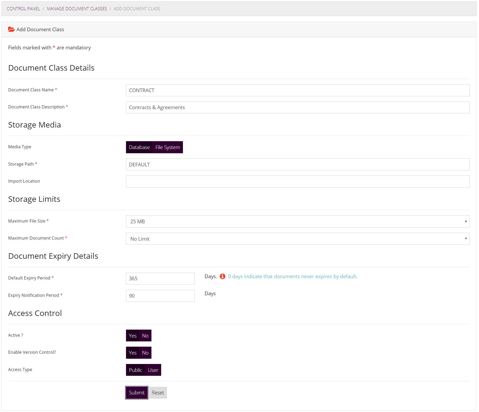 Add Document Class Form