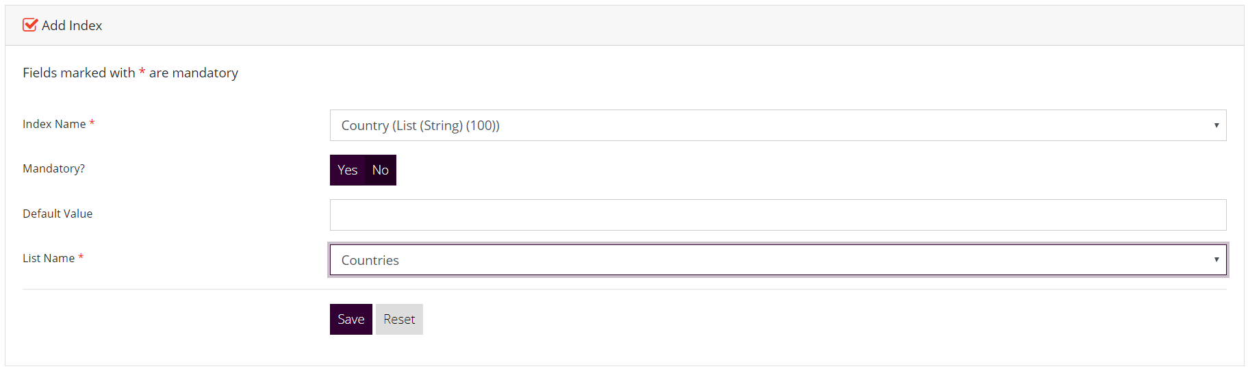 Add Document Class Index Form