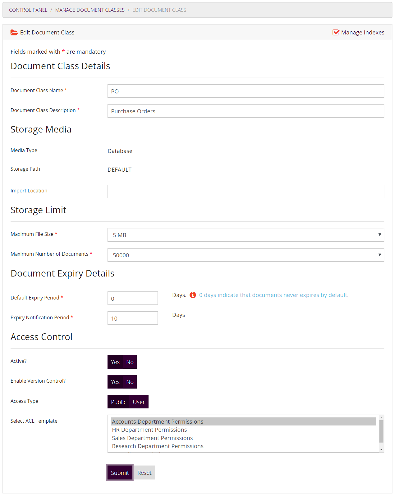 Edit Document Class Form