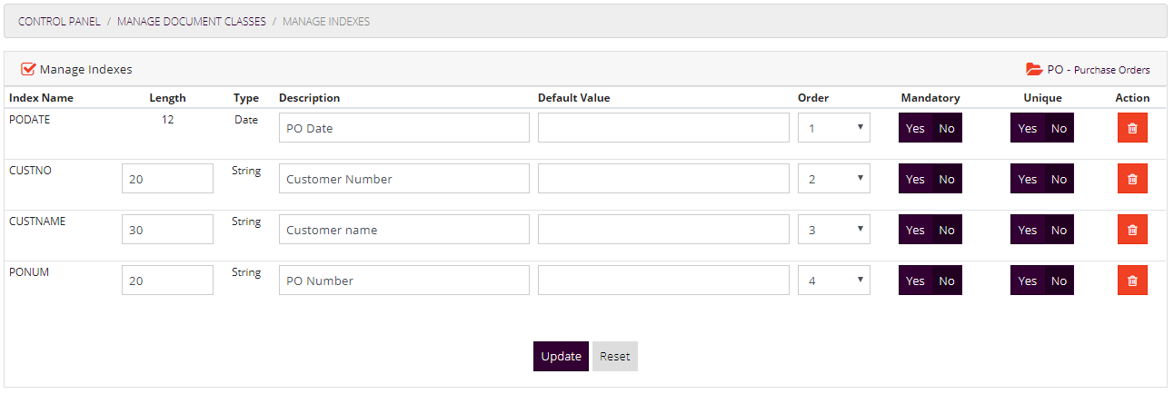 Manage Document Class Indexes