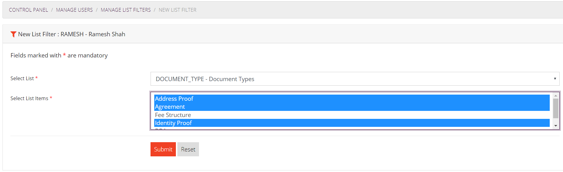 New List Filter Form