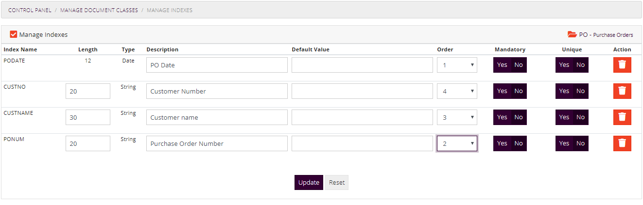 Edit Document Class Index Form