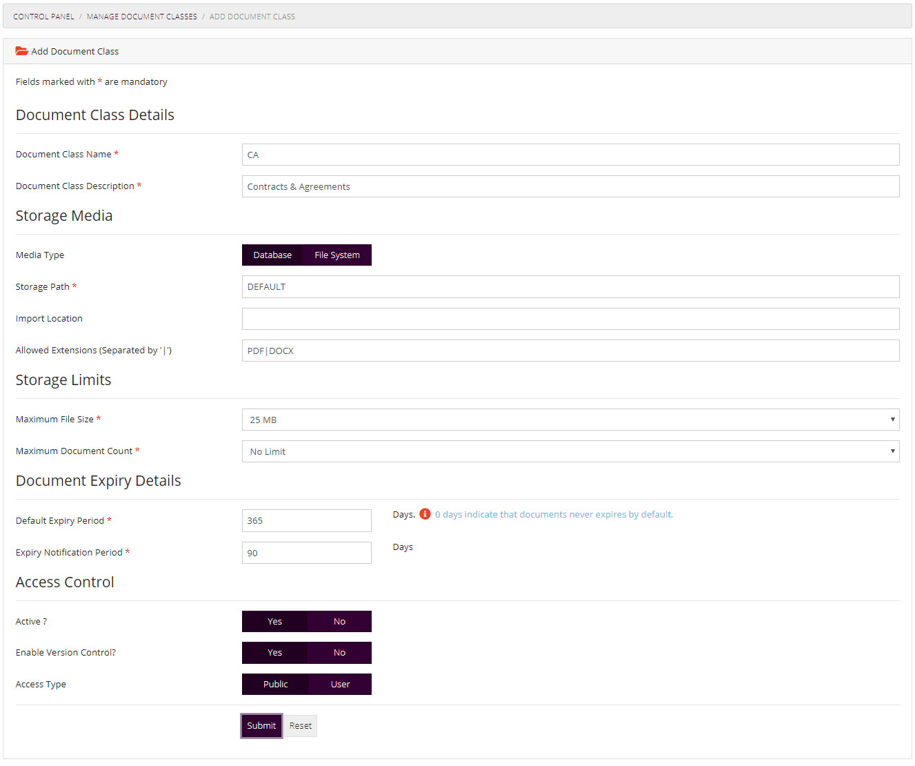 Add Document Class Form