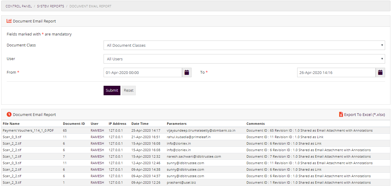 Docuement Emailed(Shared) Report