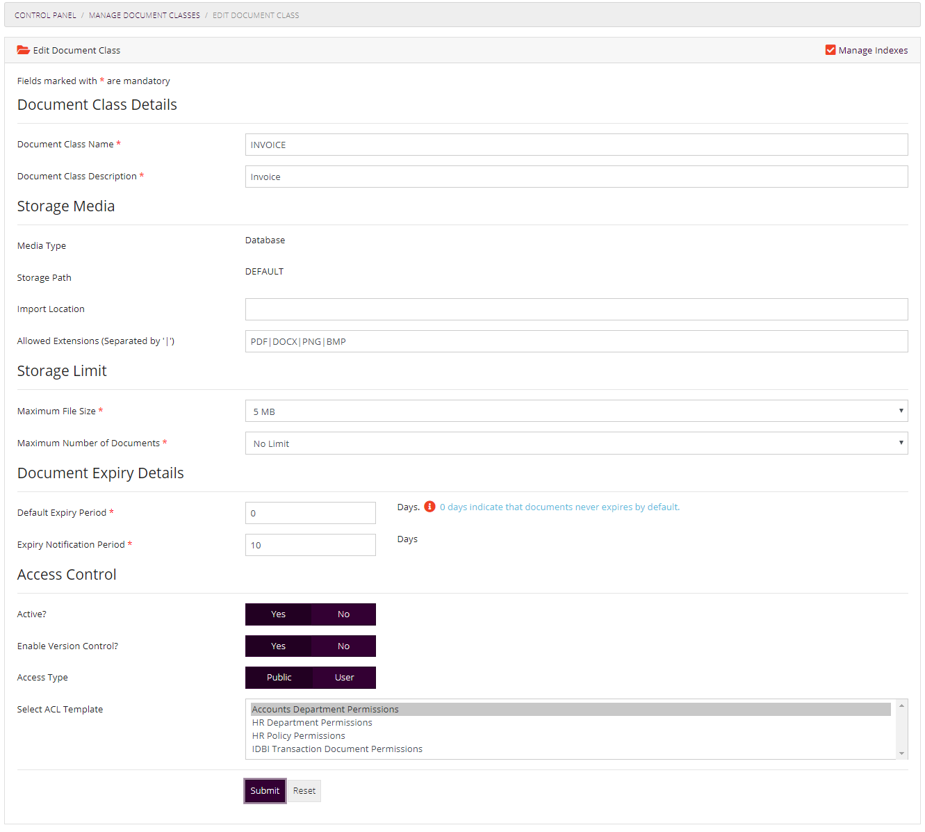 Edit Document Class Form