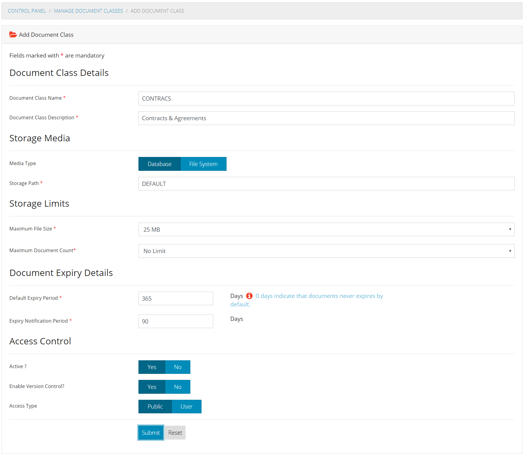 Add Document Class Form