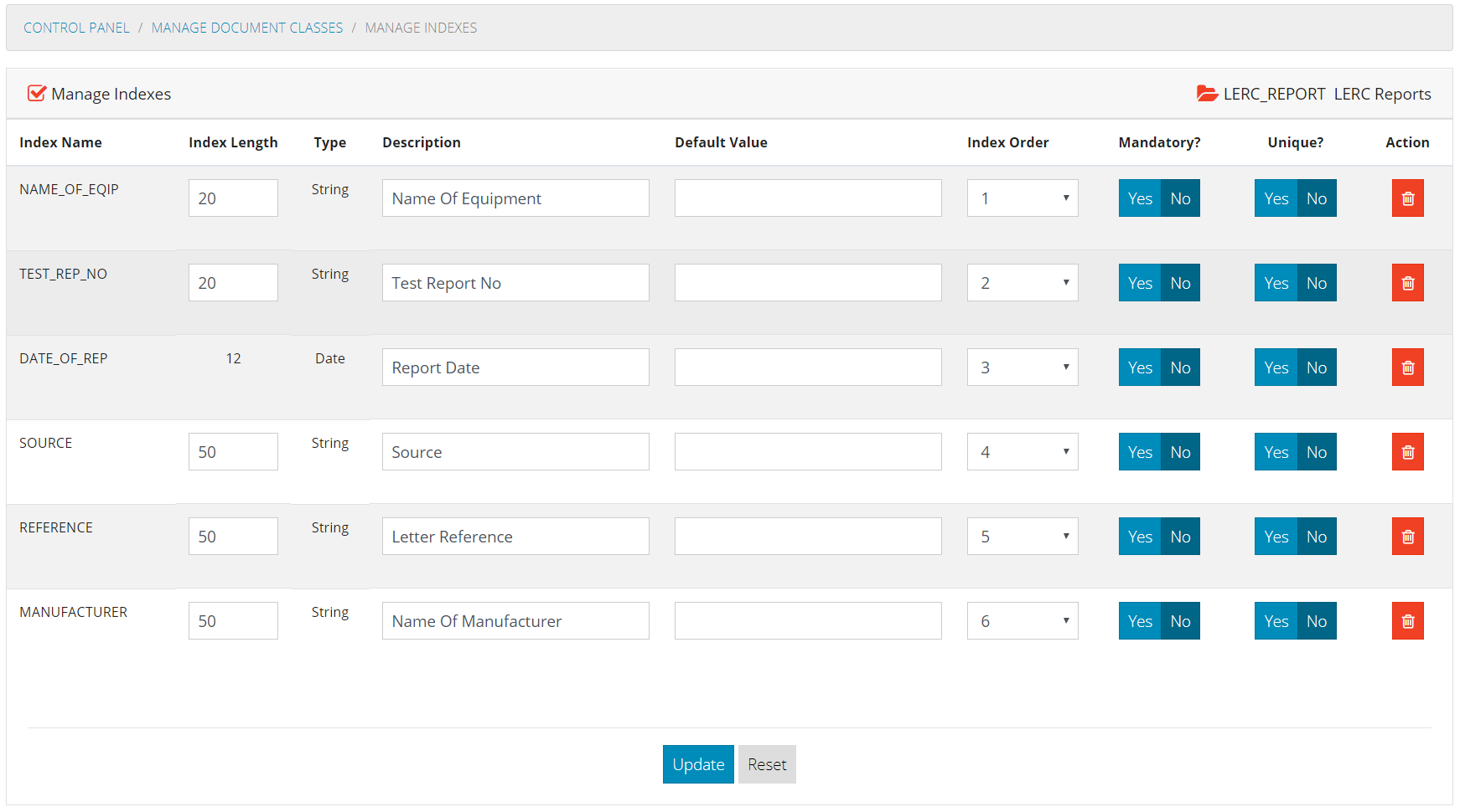 Manage Document Class Indexes