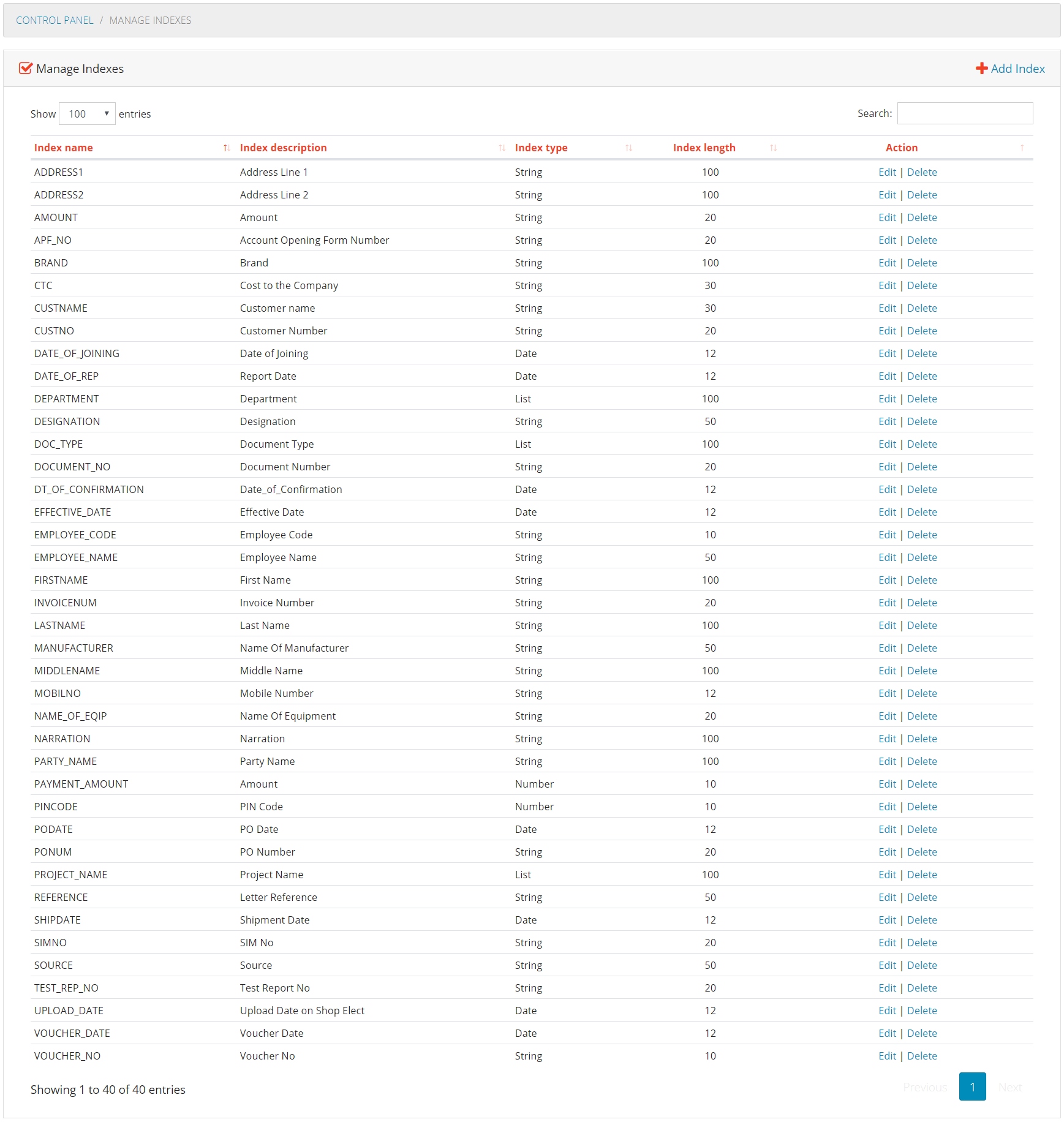 Manage Indexes