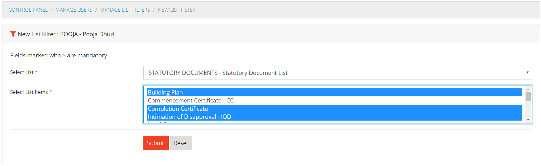 New List Filter Form