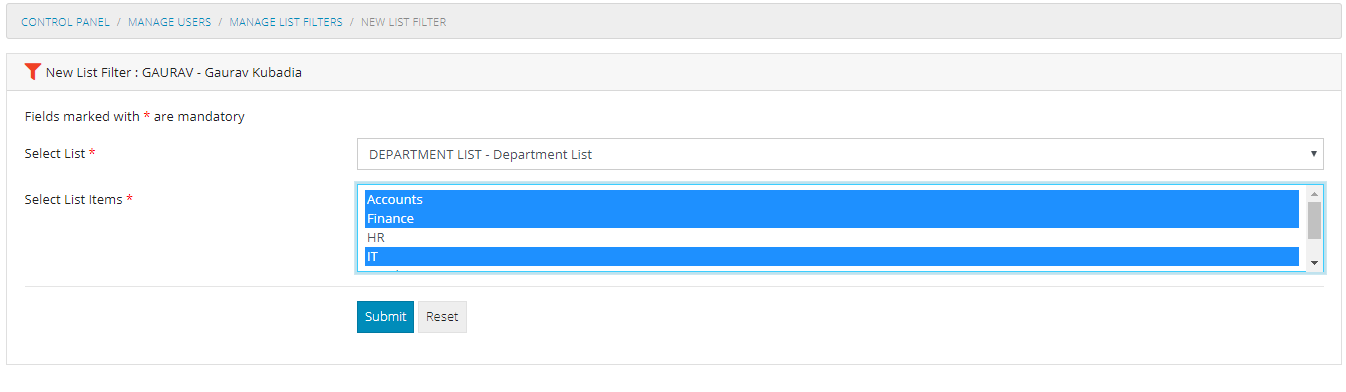 New List Filter Form