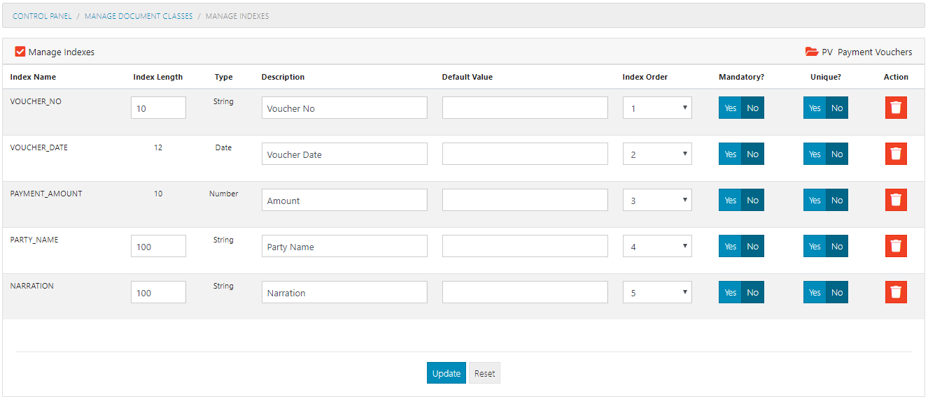 Manage Document Class Indexes